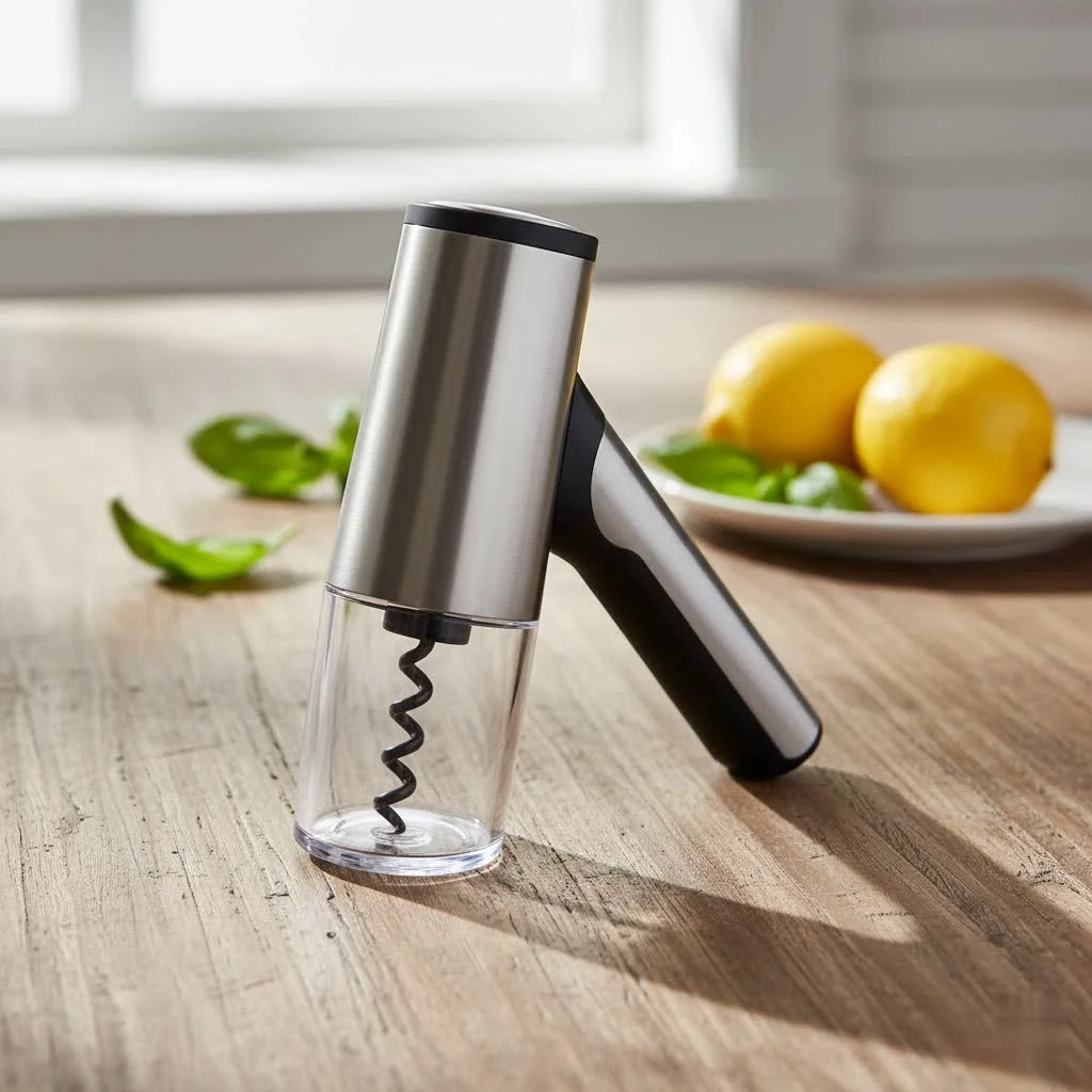 Rechargeable wine opener with charging base and foil cutter